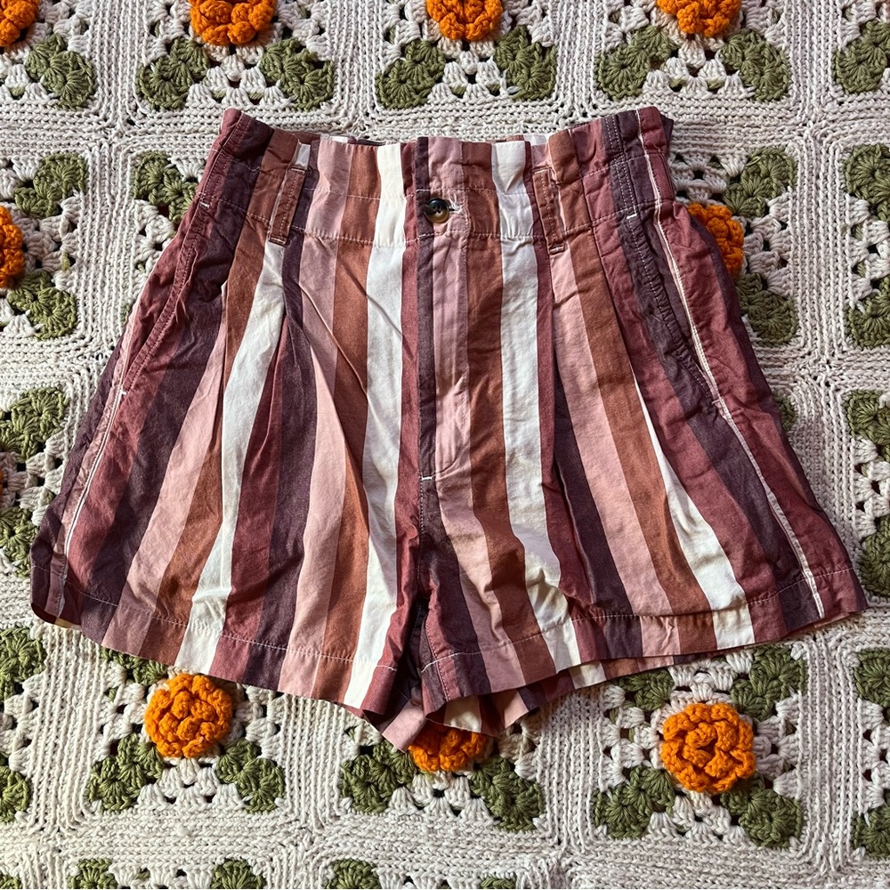 Terracotta, brown and white vertical striped high waisted Madewell shorts